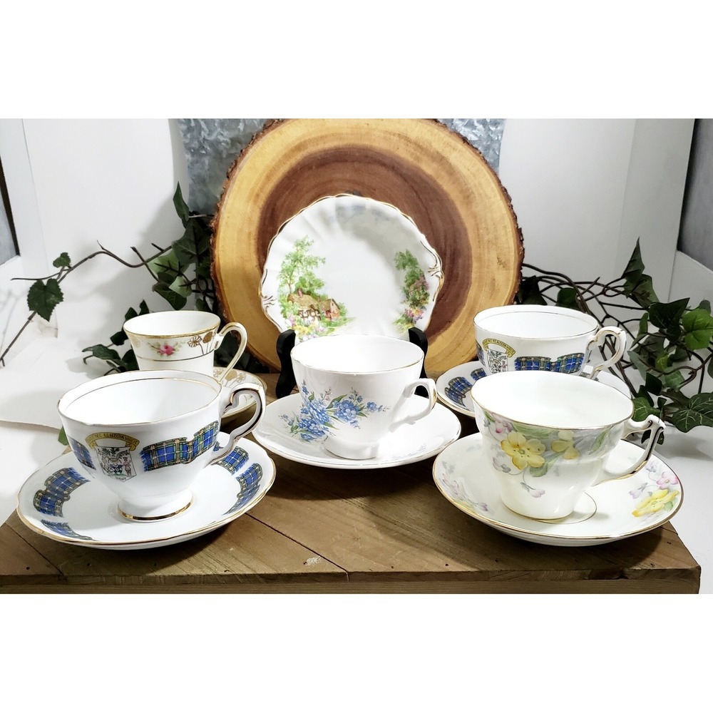 4 Exquisite English Bone China cups & saucers and Plus 1 demitasse‎ & server